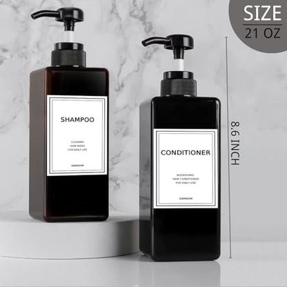 Shampoo and Conditioner Dispenser, Refillable Shampoo and Conditioner Bottles Set with Labels - Empty Shower Plastic Dispenser (21oz)
