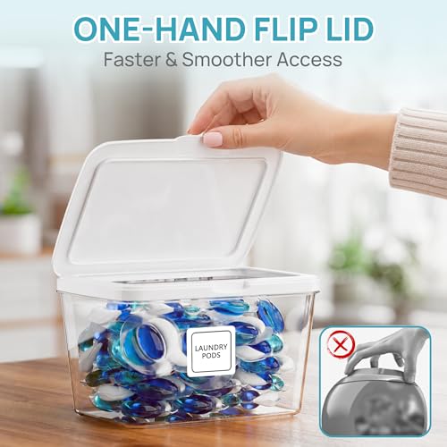 Vtopmart 4 Pack Laundry Pods & Detergent Container, Dryer Sheet Holder | Clear Laundry Powder Container with Lids &Labels & Scoop for Laundry Room Organization, Stackable Laundry Room Decor Bins