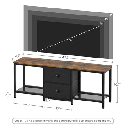 TV Stand for TVs up to 55", Entertainment Center with 2 Fabric Drawer, Media Console with Shelves, Television Stands for Living Room, Bedroom, Rustic Brown and Black DS02BR