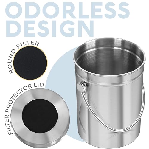 Epica Kitchen Compost Bin for Kicthen Countertops, 1.3 Galllon - Silver | Stainless Steel, Rust- Resistant, Resistant to Leaks, Replaceable Charcoal Filter for Odorless Composting