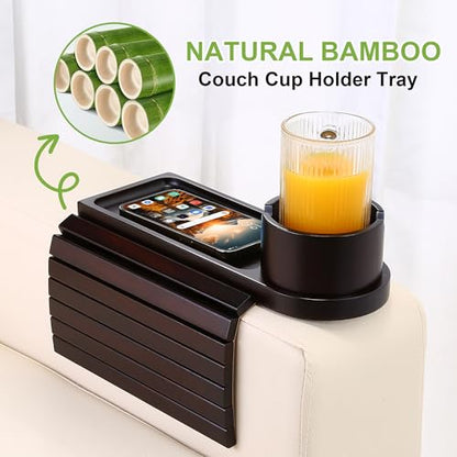 Couch Cup Holder,Bamboo Couch Arm Tray with 360° Rotating Cup Holder,Foldable Anti-Slip Sofa Arm Chair Tray for Eating Snack Drink Side Table