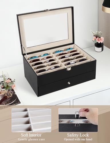 Sunglasses Storage Organizer Case with 24 Adjustable Slots, 2 Layer Multi Eyeglass Glasses Display Box with Lid Women