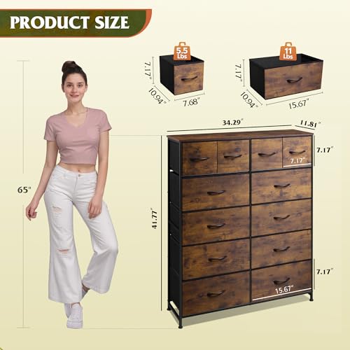 WLIVE 12 Drawer Tall Fabric Dresser Bedroom Storage Chest, Rustic Brown | 12-drawer tall fabric dresser with wood top and steel frame, P2 grade board, ideal for bedroom closet living room storage