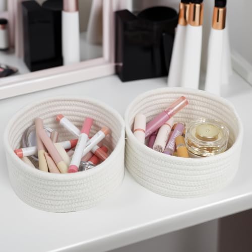 Small Woven Cotton Rope Baskets, Set of 3, White | Cute Mini Round Baskets, Gift and Storage Baskets, Nursery Organizer, Bathroom Bins, Decorative Boho Decor Tiny Baskets