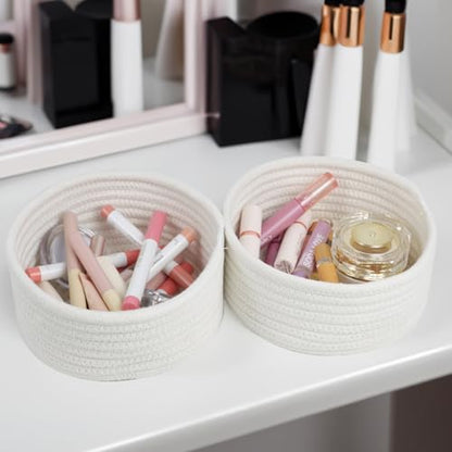 Small Woven Cotton Rope Baskets, Set of 3, White | Cute Mini Round Baskets, Gift and Storage Baskets, Nursery Organizer, Bathroom Bins, Decorative Boho Decor Tiny Baskets