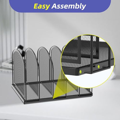 5-Section File Organizer for Desk, Metal File Folder Holder, Black | 5 Vertical Compartments with Sturdy Metal Base for Office Documents Books Magazines and Laptop
