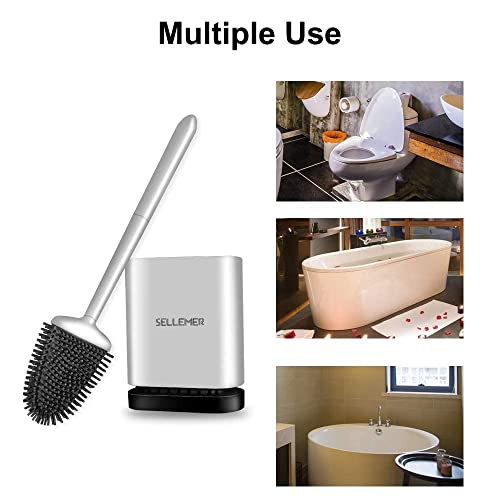 Silicone Toilet Brush, Ventilation Slots Base Holder 2 Pack Silver | Flexible Bristles Flat Head for Rim, Hair Tangle-Free, Easy to Clean, Compact Design, Rustproof Handle, for Toilet/Sink/Tub