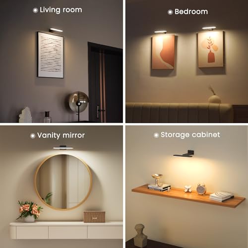 FULEN 2 Pack Picture Lights for Wall,Art Lights for Painting,Battery Operated Wall Sconce Rechargeable,LED Wall Light Cordless with Remote, Frame,Gallery,Dartboard Lights No-Drill,Black