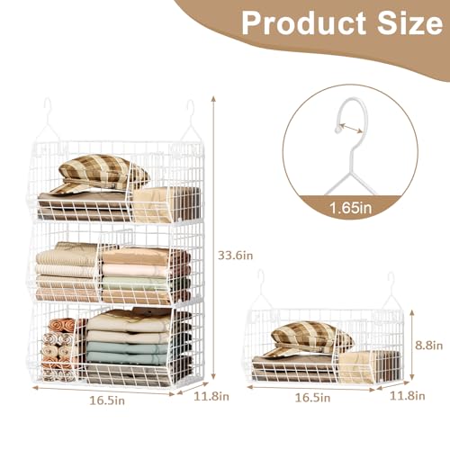 3 Tier Extra Large Closet Hanging Shelves with Divider, 16.5"L x 11.8"W x 33.6"H Closets Organizers and Storage with 5 S Hooks, Clothes Organizer for Sweaters Shoes Handbags Clutches Accessories-White