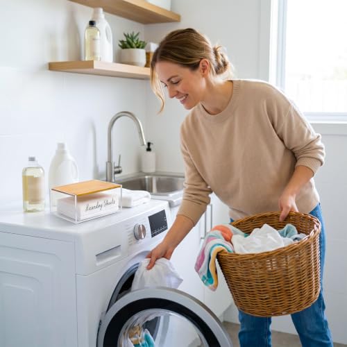 Acrylic Laundry Detergent Sheets Holder with Bamboo Lid, Laundry Soap Sheets Container Box Dispenser for Laundry Room