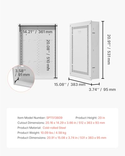 VEVOR Structured Media Enclosure, 20-Inch, Recessed in-Wall Media Box with Cover, Wall-Mount Cable Management Box Kit, Structured Wiring Multi-Media Cabinet, Cold-Rolled Steel, for TV Home Theater
