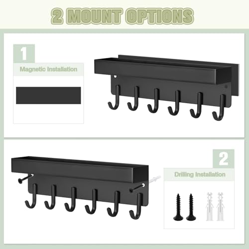 VIS'V Key Holder Wall Mount, Magnetic Key Rack with Tray, 6 Hooks, Black | 2 Mount Options, Metal Material, Compact Discreet Design, for Fridge, Kitchen, Entryway, Hallway, Doorway, Garage, Camper