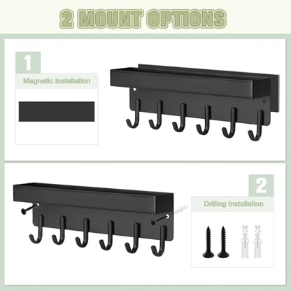 VIS'V Key Holder Wall Mount, Magnetic Key Rack with Tray, 6 Hooks, Black | 2 Mount Options, Metal Material, Compact Discreet Design, for Fridge, Kitchen, Entryway, Hallway, Doorway, Garage, Camper