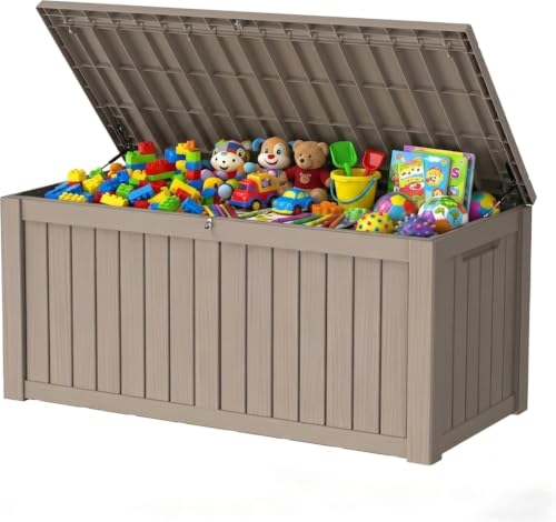 150 Gallon Lockable Resin Outdoor Storage Box, Waterproof & Weather Resistant Deck Box for Patio Cushion, Garden Tools & Pool Accessories, Gray