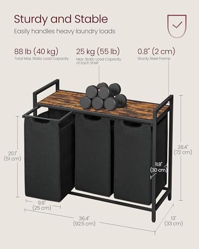 VASAGLE Laundry Hamper, Laundry Basket, Laundry Sorter with 3 Pull-Out and Removable Bags, Shelf, Metal Frame, 3 x 10.6 Gallons (40 L), 36.4 x 13 x 28.4 Inches, Ink Black and Rustic Brown UBLH301B01