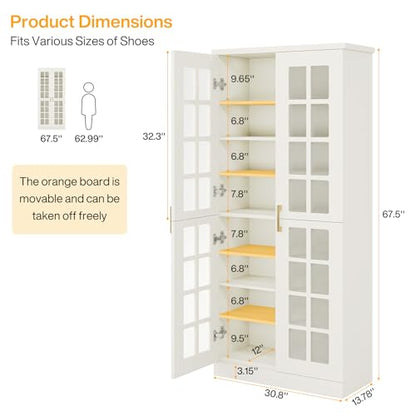 Tribesigns Tall Shoe Cabinet with Doors, 8-Tier Modern Shoe Storage Cabinet | Shoe Rack Cabinet with Adjustable Shelves, Stable and Sturdy, Tall Shoe Organizer for Entryway, Hallway, Closet, White
