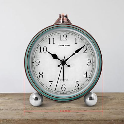 Peakeep 4" Small Battery Operated Antique Retro Analog Alarm Clock | with Contour Lines in Gold for Room Decor, Silent Elegant Bedside Desk Table Gift Clock