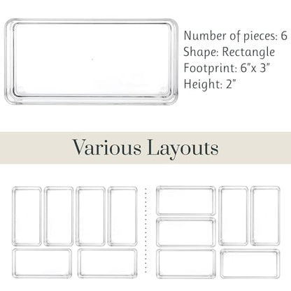 STORi SimpleSort 6-Piece Stackable Clear Drawer Organizer Set | 6" x 3" x 2" Rectangle Trays | Small Makeup Vanity Storage Bins and Office Desk Drawer Dividers | Made in USA