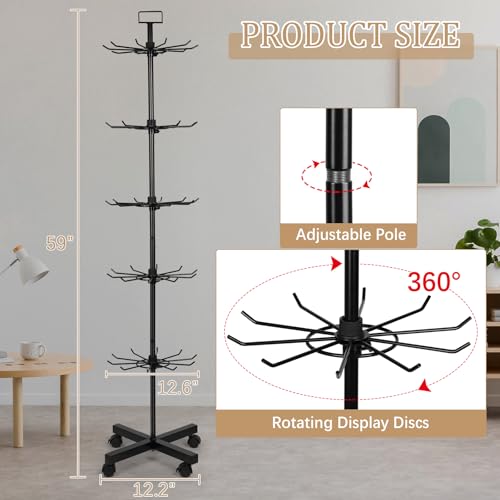 5 Tier Retail Display Stand Store Display Rack, Black | Metal Spinning Display Stand Rack with Wheels Keychain Jewelry Stocking Hat Display Stand with Hooks for Malls, Retail Store