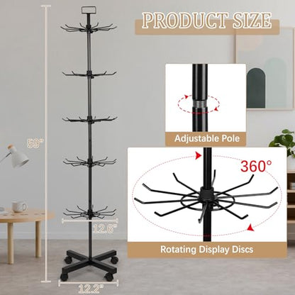5 Tier Retail Display Stand Store Display Rack, Black | Metal Spinning Display Stand Rack with Wheels Keychain Jewelry Stocking Hat Display Stand with Hooks for Malls, Retail Store