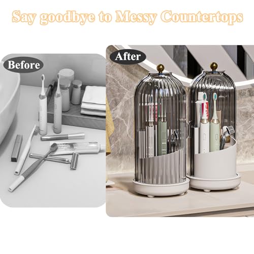 Drainable Toothbrush Toothpaste Holders with Cover, Grey White | Drainage Holes, Waterproof and Dustproof, 360° Rotating Base, Sliding Door, for Bathroom Counter