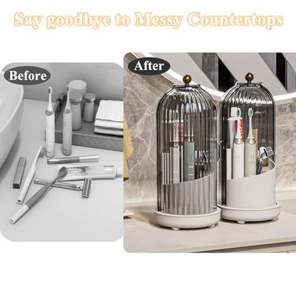 Drainable Toothbrush Toothpaste Holders with Cover, Grey White | Drainage Holes, Waterproof and Dustproof, 360° Rotating Base, Sliding Door, for Bathroom Counter