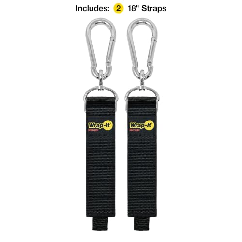 Hook 'n Hang Wrap-It Storage Straps - 18" (2-Pack) Black | Carabiner Straps to use as an Extension Cord Holder with Hooks