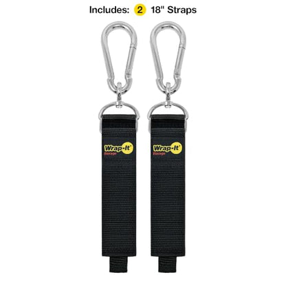 Hook 'n Hang Wrap-It Storage Straps - 18" (2-Pack) Black | Carabiner Straps to use as an Extension Cord Holder with Hooks