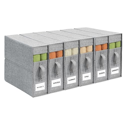 Sheet Organizers and Storage for Linen Closet, 6Pack Grey | 1200D Linen-Type Cloth, Fits King and Queen Sheet Sets, Clear Window and Label Slot, Foldable Dustproof Storage with Handle
