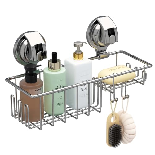 TESOT Suction Cup Shower Shelf, Shower Caddy Soap Dish with Hooks for Sponge, Rust Proof 304 Stainless Steel, Silver