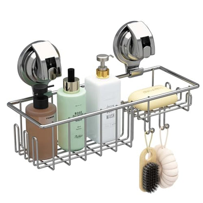 TESOT Suction Cup Shower Shelf, Shower Caddy Soap Dish with Hooks for Sponge, Rust Proof 304 Stainless Steel, Silver