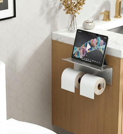 FORIOUS Toilet Paper Holder with Shelf, Commercial Toilet Paper Dispenser | Brushed Nickel | SUS304 Stainless Steel Wall Mount Double Bathroom Tissue Roll Holder for Hotel, Apartments, etc