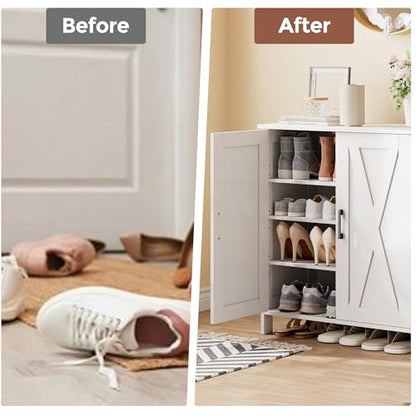 Farmhouse Shoe Cabinet with 2 Barn Doors & Wood Legs | Tall 4-Tier Shoe Storage Cabinet, 3 Adjustable Shelves, Shoe Rack Organizer, for Entryway, Hallway, Closet, White
