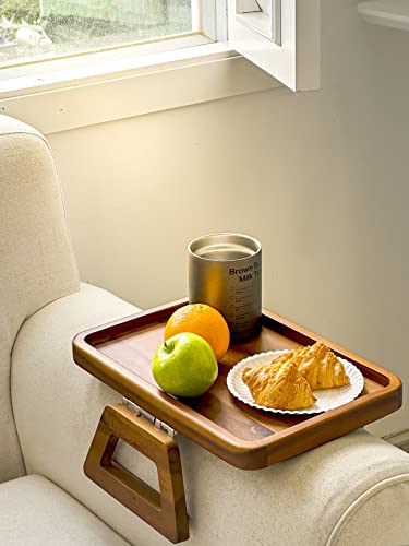 13.75" x 9.5" Acacia Couch Arm Table, Wooden Sofa Arm Tray, Armrest Table for Couch Wooden Sofa Armrest Tray, Clip-on Tray for Wide Couch - Side Table for Eating & Drink, Snack, Phone, Remote