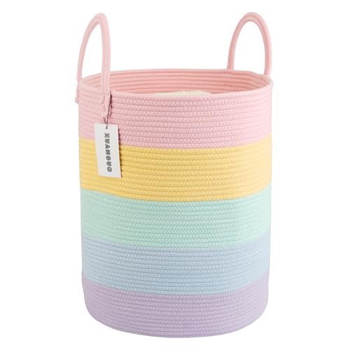 XUANGUO Rope Laundry Basket Hamper for Kids Girl, rainbow | Woven Storage Basket for Living Room Bedroom Boho Tall Baskets for Blanket Toys Pillow Towels Baby Nursery Hamper Bin