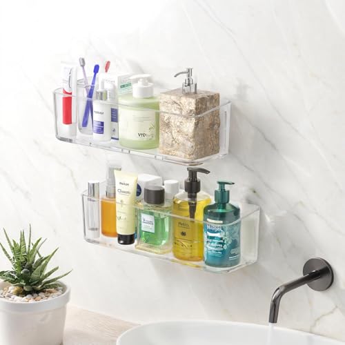 2 Pcs Clear Shower Shelf, Large Bathroom Wall Mounted Shower Caddy | No Drill Self Adhesive Bathroom Organizer with Self Adhesive Tape