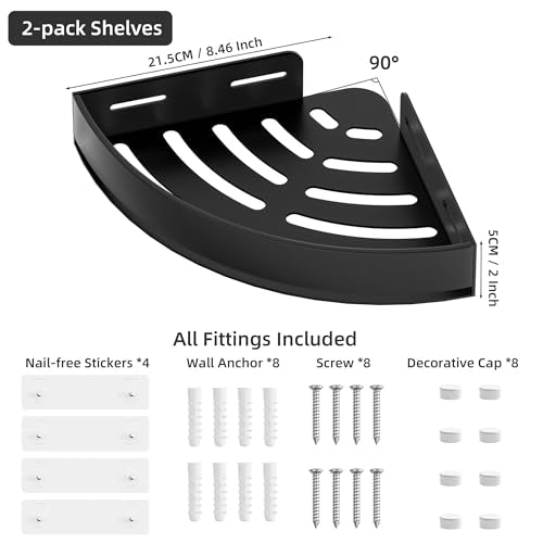 Black Corner Shower Caddy, Triangle Shower Shelf No Drilling, Metal | Rustproof Aluminium, Adhesive & Drill Installation, Wall Mounted, 2 Pack, Bathroom Shampoo Holder for Toiletries