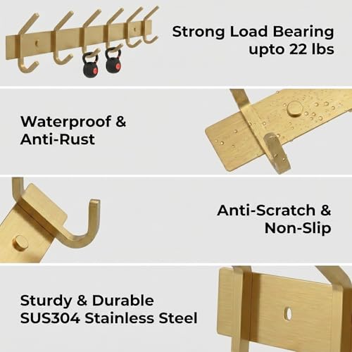 Brushed Gold Wall Mounted Coat Rack – 17 Inch Stainless Steel Rail with 6 Double Coat Hooks for Entryway, Bathroom, Bedroom, Kitchen – Modern Gold Hook Rack for Coats, Hats, Towels