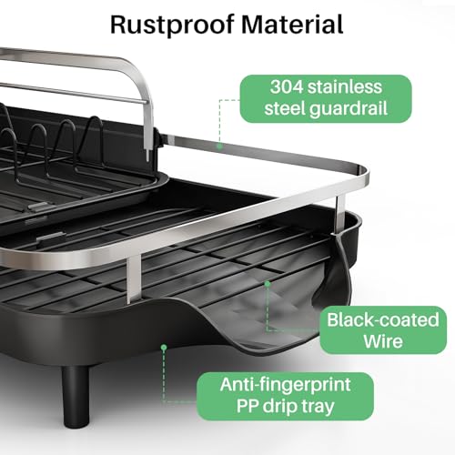 SAYZH Expandable Dish Drying Rack for Small Kitchen Counter, Black | Stainless Steel, Protective Guardrail, Angled Drainboard, Fits High-Rim Sinks, Removable Utensil Holder
