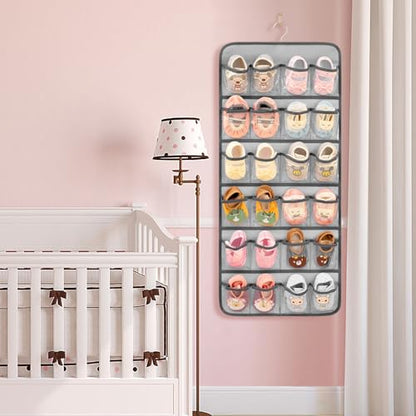 Dual-sided Baby Shoe Organizer Closet Hanging Toddler Shoes Storage for Kids Bow Socks Underwear Holder with 48 Clear Pockets (Grey)