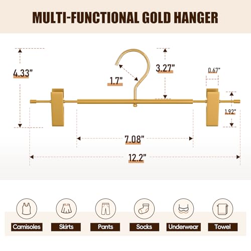 10 Pack Gold Metal Pants Skirt Hangers with Clips & Swivel Hooks | Lightweight Aluminum & Sturdy, Non-Slip Pads for Trouser, Skirts, Jeans, Scarf, Camisoles, Kids & Adults