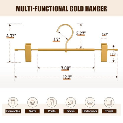 10 Pack Gold Metal Pants Skirt Hangers with Clips & Swivel Hooks | Lightweight Aluminum & Sturdy, Non-Slip Pads for Trouser, Skirts, Jeans, Scarf, Camisoles, Kids & Adults