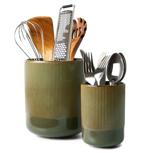 Utensil Holder, 7.3"+5.3" Ceramic Kitchen Utensil Holder for Countertop, Large Cooking Utensil Organizer, Modern Utensil Crocks Spatula Holder for Farmhouse Kitchen Counter Decor, Brown Green