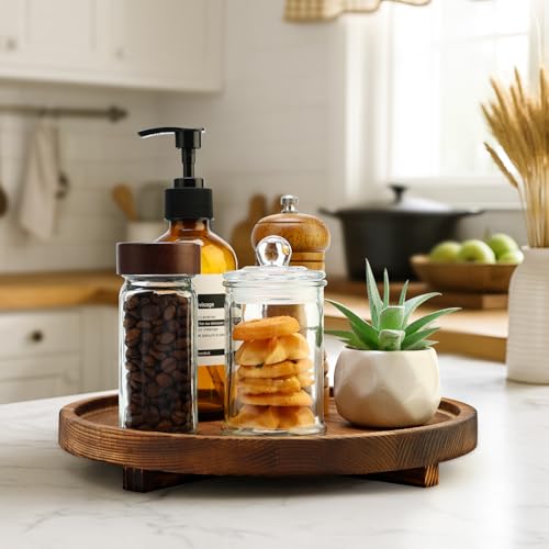 Round Wood Riser Bathroom Tray Countertop Vanity Tray Kitchen Sink Decor | Circle Small Wooden Decorative Bathroom Trays Brown Rustic Kitchen Counter Perfume Candle Tray Coffee Table Pedestal Stand
