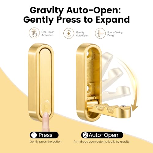 Foldable Wall Hooks, Hold 40lbs, Magnetic Lock Zinc Alloy Gold 4Pcs | Folding coat hooks for towels, coats, bags. Rustproof zinc alloy, screw mount. Space-saving for bathroom, kitchen, entryway.