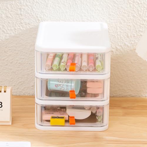 Gagee 3 Drawer Mini Desktop Unit, Clear/White Frame | Plastic Dressers with Drawers, For Arts and Crafts, Small Tools Storage, Sewing Accessories, Stationary and Hardware
