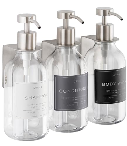 Shower Shampoo Dispenser Wall Mounted – 3 Refillable 16.9 oz Clear Bottles with Stainless Steel Pumps & No-Drill Adhesive Holders – Soap Dispenser Set for Bathroom (3 X Clear/Silver)