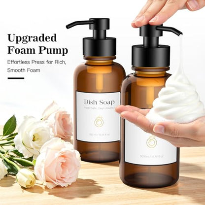 16.9 Oz Glass Foaming Soap Dispenser 2 Pack (Amber) | Refillable Hand & Dish Soap Pump, With Silicone Tray & 8 Waterproof Labels, For Bathroom & Kitchen，Perfect Housewarming Gift