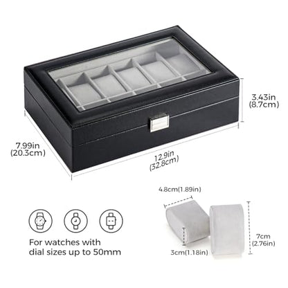 ProCase Watch Box Organizer, 12 Slot Watch Display Case, Black | Watches Storage Boxes Holder for Men Women, Large Glass Lid, Removable Pillows, Anniversary Christmas Birthday Gifts