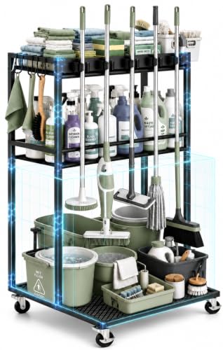 Cleaning Supplies Organizer Cart with Wheels, Broom and Mop Holder with 5 Grippers, 6 Hooks, 3 Shelves, Rolling Broom Closet Storage Rack for Laundry Room, Kitchen, Bathroom, Garage, Poolside
